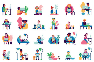 Isolated set group worker home workoffice icon- Vector