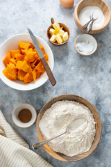 Fototapeta premium Squash tart. Ingredients for cooking pumpkin pie. Autumn dessert.