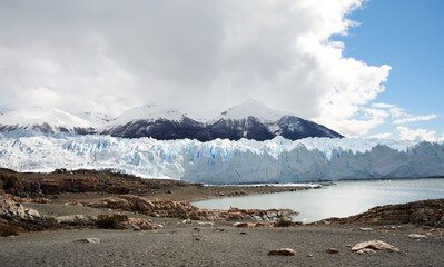 El Calafate, Argentina, September 24, 2018: Perito Moreno Glacier Panorama in a lake with a sky and clouds