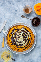 Pumpkin pie. Top view of squash tart. Homemade autumn food.