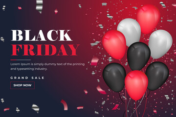 Obraz premium Black Friday web banner template design, Black Friday Sale poster with shiny balloons, Vector illustration. vector background for poster, banners, website, flyers, card