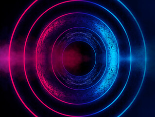 Round tunnel, neon light, reflection in the water. Abstract futuristic modern neon background. 3D illustration.