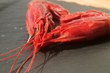 large raw red king prawn (shrimp) on a black background close up