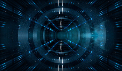 Round tunnel, neon light, reflection in the water. Abstract futuristic modern neon background. 3D illustration.