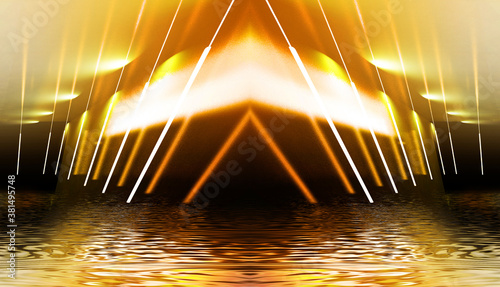 Dark Tunnel Light Neon Light Reflection In Water Abstract Futuristic Modern Neon Background 3d Illustration Wall Mural Miastendal