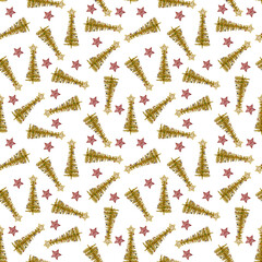 A seamless pattern of decorative golden Christmas trees and red stars chaotically arranged on a white background.
