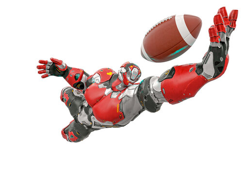 Futuristic Astronaut Is Jumping To Catch An American Football Ball Close Up View