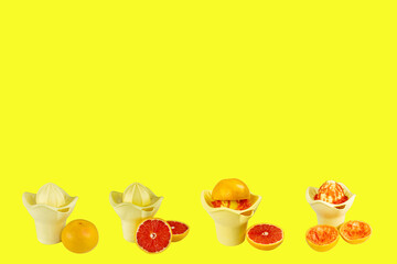 A collage of hand-made juicers with stages of cooking natural juice on a yellow background.