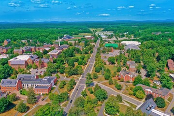 Fototapeta na wymiar Aerial Drone Photography Of Downtown Durham, NH (New Hampshire) During The Summer