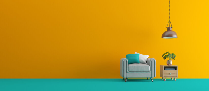 Interior design.Minimal concept with blue and yellow color.3d rendering