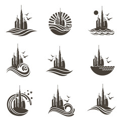 collection of Arab Emirates Dubai icon with sea waves isolated on white background