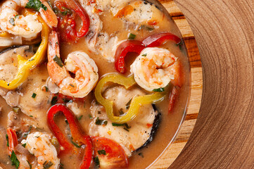 .Typical dish of Brazilian cuisine called Moqueca de Peixe com camarão. Top view