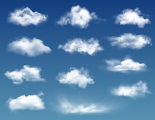 Naklejka na ściany i meble Realistic clouds in blue sky or heaven background. Vector white soft and fluffy spindrift or cumulus flying clouds, weather and nature isolated 3d design elements. Meteorology and climate themed set