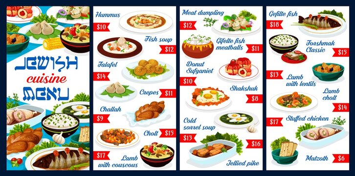Jewish food restaurant dishes menu. Jewish cuisine meals with lamb and chicken meat, sweet pastry and bread with poppy seeds, fish and sorrel soups, meat dumplings, hummus, falafel and forshmak vector