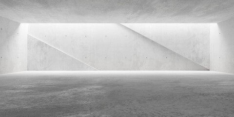 Abstract empty, modern concrete room with indirect lighting on diagonal back wall and rough floor - industrial interior background template