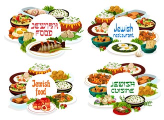 Jewish cuisine restaurant meals round vector banners. Gefilte fish, sorrel soup and sufganiyot donut, lamb with couscous, stuffed chicken and fish soup, jellied pike, shakshuka eggs and falafel