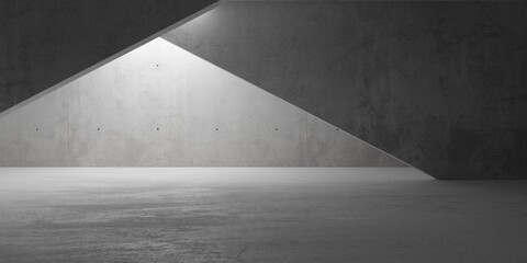 Abstract empty, modern concrete room with indirect back lighting and diagonal walls and rough floor - industrial interior background template - obrazy, fototapety, plakaty