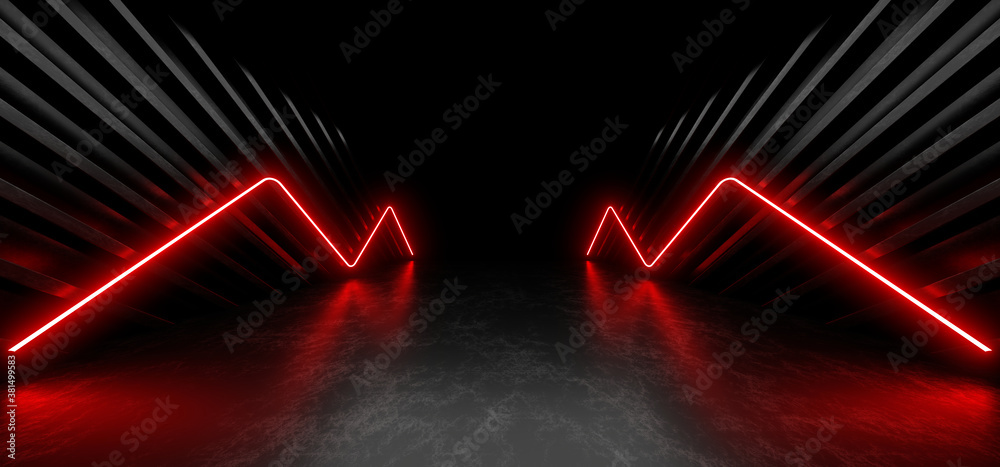 Wall mural a dark corridor lit by colorful neon lights. reflections on the floor and walls. 3d rendering image.