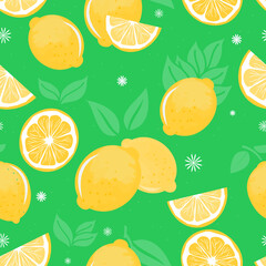 Vector lemons illustration. Seamless lemons floral pattern. Lemons vector pattern with green background.