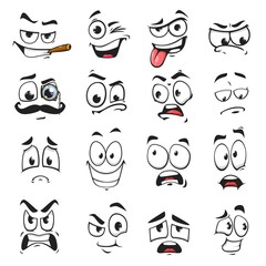 Face expression isolated vector icons, funny cartoon emoji smoking cigar, wink and sad, smiling, scared and wear monocle eyeglass with mustache. Cheerful, angry and show tongue face expressions set