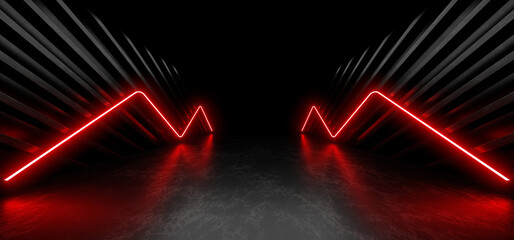 A dark corridor lit by colorful neon lights. Reflections on the floor and walls. 3d rendering image. © Andrey Shtepa