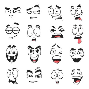 Face expression isolated vector icons, cartoon funny emoji suspicious, scared and shocked, grin, smirk or crazy. Facial feelings smile, laughing and yelling, surprised, squint and upset emoticons set