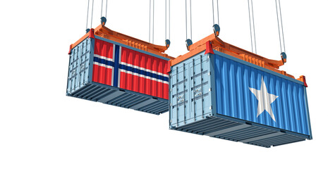 Freight containers with Norway and Somalia national flag. 3D Rendering