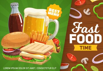 Fast food vector poster with combo meals and drinks burger, beer and cola with sandwich and tacos. Cartoon street cafe dishes, takeaway restaurant order. Fastfood menu offer of beverages and snacks
