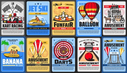 Amusement park posters, funfair rides and carousels, vector family entertainment fair. Welcome to amusement park posters, roller coaster rides, aquapark jet ski and balloon festival, bowling and darts - obrazy, fototapety, plakaty
