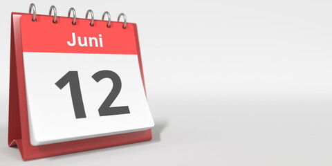 June 12 date written in German on the flip calendar page. 3d rendering