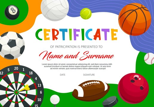 Sports game participation certificate in tournament, diploma vector template. Soccer ball, basketball, bowling and darts, rugby, billiard, volleyball and tennis, golf, hockey and baseball award border