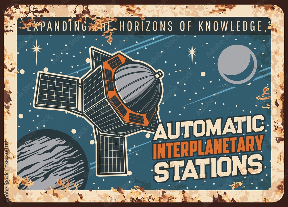 Poster automatic satellite space station vector rusty metal plate, interplanetary orbital sputnik orbiting 
