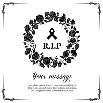 Funeral Vector Card With Rose Flowers Wreath And Flourishes With Black Mourning Ribbon And RiP Typography, Retro Frame. Funeral Border With Floral Decoration. Vintage Rose Blossoms On White Background