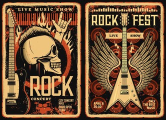 Rock fest posters and flyers, concert music band festival, vector grunge vintage skull and electric guitar with wings. Hard rock and live music concert fest show, drums and loudspeakers in fire flame - obrazy, fototapety, plakaty