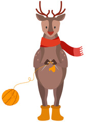 Deer with knitting needles. Cute Christmas character.