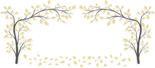 Two autumn trees with yellow leaves in the form of an arch on a light background