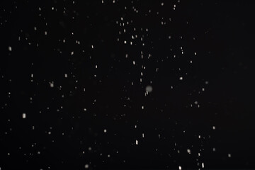 Dust background. Blur flying white ash flakes isolated on black. Night snowfall. Dark winter sky....