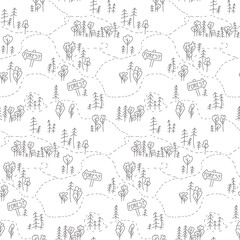 Fototapeta na wymiar Wild forest in Scandinavian style grey seamless pattern. Doodle vector illustration