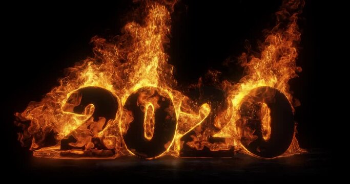 Year 2020 on fire. flames and ember exploding out of the numbers 2020. representation of the worth year. global warming, climate change, COVID-19, economic collapse, apocalyptic. 3D render, 4K loop. 