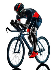 triathlete triathlon Cyclist cycling in studio silhouette shadow isolated on white background - obrazy, fototapety, plakaty