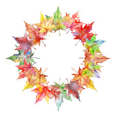 Garland of maple leaves on a white background. Multicolored maple leaves painted in watercolor. Round frame made of maple leaves. Colorful autumn, concepts for design.