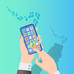 A person listens to music using a smartphone.People use modern devices.Use of modern technologies.Flat vector illustration.