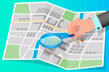 A person studies the map.A man using a magnifying glass examines the map.The concept of navigation positioning.Isometric vector illustration.