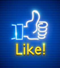 Finger up with like gesture. Neon symbol popular icon for communication in social networks. Illustration.