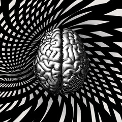 Vintage drawing brain illustration on hypnotic illusion BG