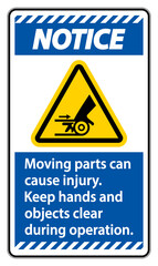 Notice Moving parts can cause injury sign on white background