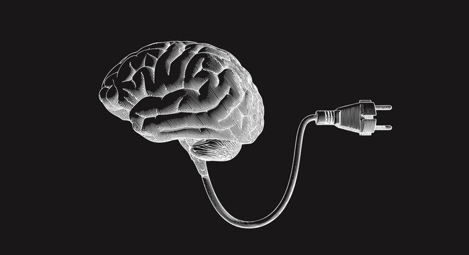 Brain with electric plug vintage drawing illustration