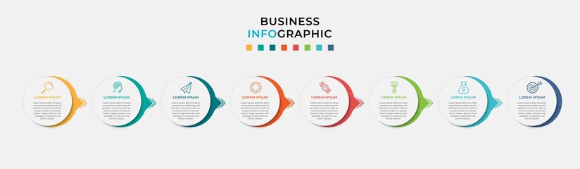 Business Infographic design template Vector with icons and 8 eight options or steps. Can be used for process diagram, presentations, workflow layout, banner, flow chart, info graph
