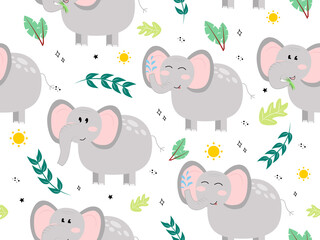 Vector illustration of seamless pattern with elephant, leaves, sun, doodle