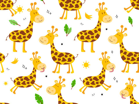 Vector illustration of seamless pattern with animal giraffe, palm leaf, sun, bananas